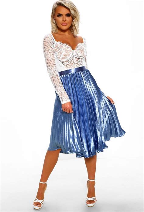 Walking Goddess Blue Metallic Pleated Midi Skirt Midi Skirt Pleated