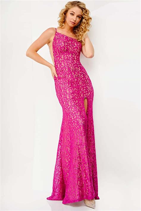 Jvn06127 Fuchsia Fitted High Slit Sleeveless Prom Dress