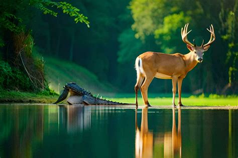 A Deer And Alligator Standing In The Water Ai Generated 32268391 Stock