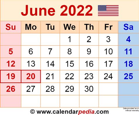 2022 Monthly Calendar Printable June 2022