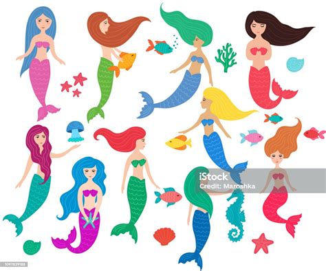 Set Of Hand Drawn Cute Little Mermaid Girls Starfish Seahorse Jellyfish