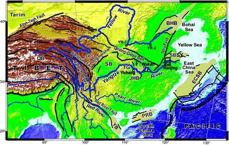 Topographic Map Of East Asia Showing Major Rivers And The Locations