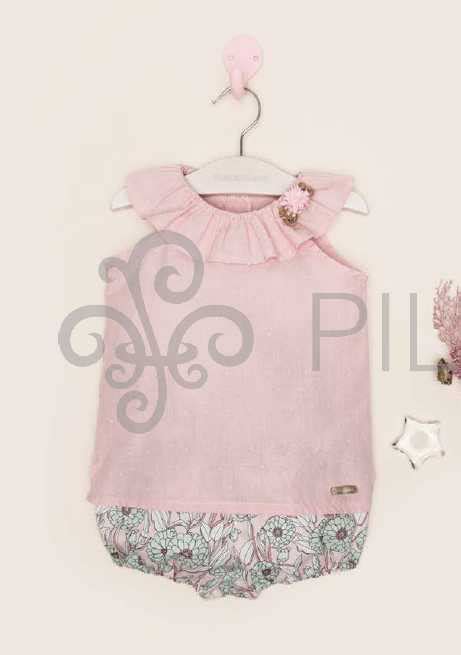 Conjunto Blusa Plumeti Rosa Y Pololo Flores Agua Pilar Batanero