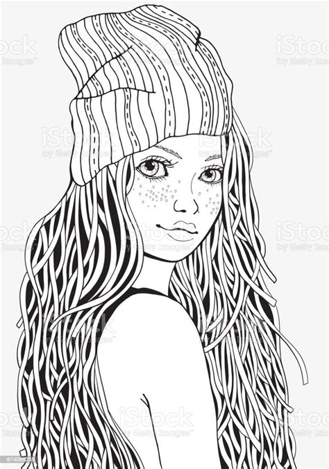 Cute Girl Coloring Book Page For Adult A4 Size Black And White Doodle
