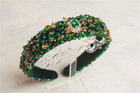 Emerald Tiara Beaded Headband For Women Gold Green Crystal Etsy