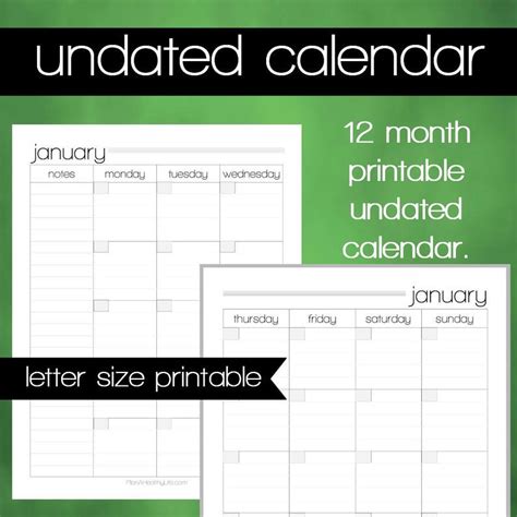 Printable Monthly Undated Calendar 85x11 Letter Size Pdf Etsy