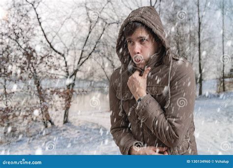 Man Is Freezing Outside In Cold Winter Stock Photo Image Of Snow