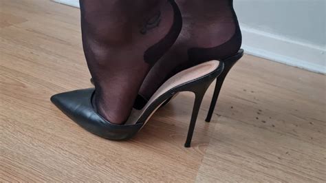 Shoeplay In My Black Leather Stiletto Mules And My Cuban Heel Stockings