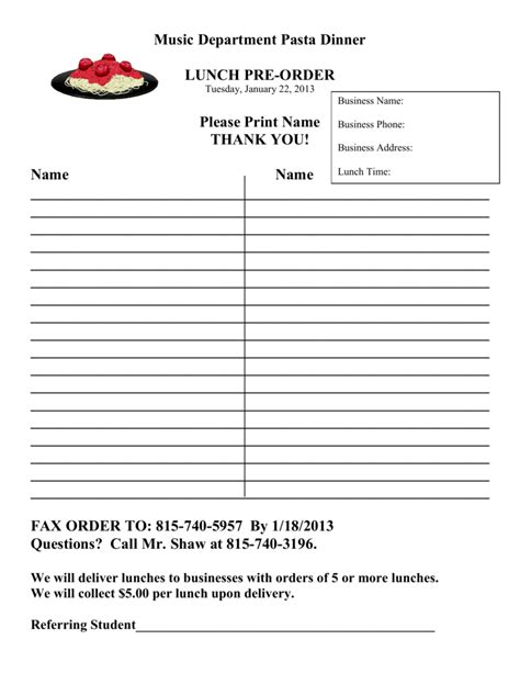 Lunch Order Form Template