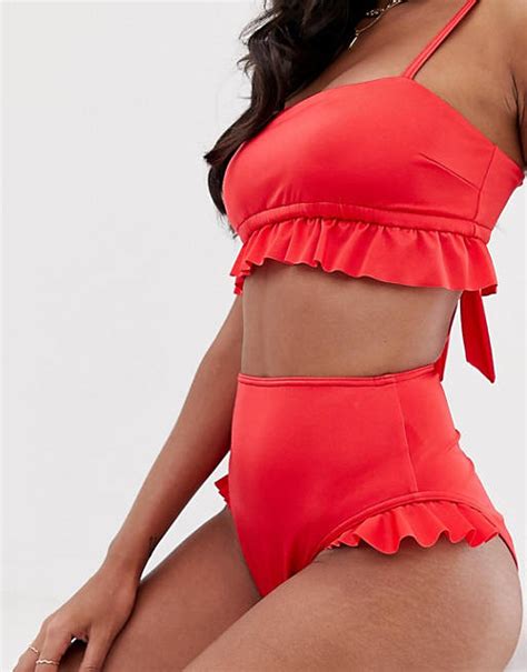 Asos Design Slip Bikini Glam Rosso A Vita Alta Con Volant E Cut Out Asos