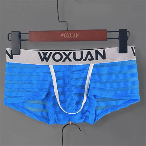 Sexy Men U Convex Pouch Shiny Breatherable Boxer Shorts Stripe Sheer