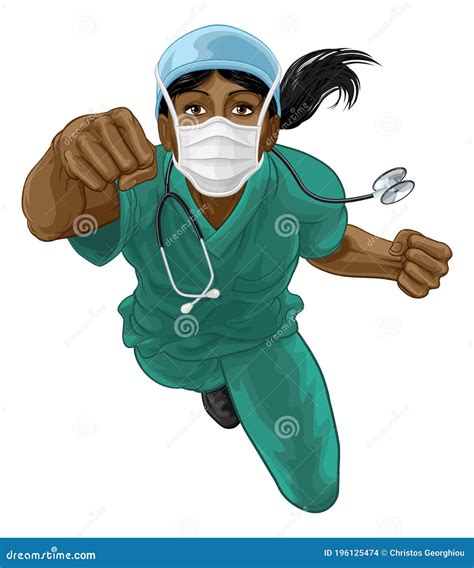 Superhero Nurse Doctor In Scrubs Flying Super Hero Cartoon Vector