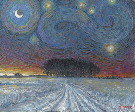 Starry Night With Snow And Distant Woodland John Myatt