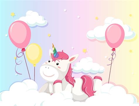 Free Vector Unicorn Lay On The Cloud On Colorful Pastel Sky Background