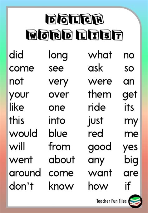 Teacher Fun Files Dolch Sight Words Chart