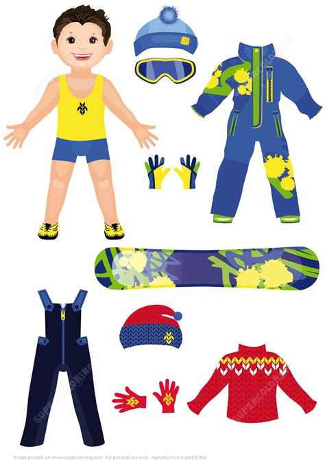 Boy Paper Doll With A Set Of Winter Sportswear Clothing Super