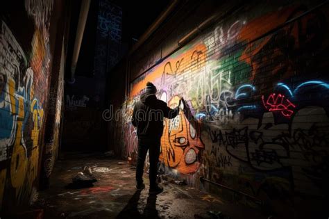 Person Making Graffiti Art On Brick Wall In Dark Alleyway Stock