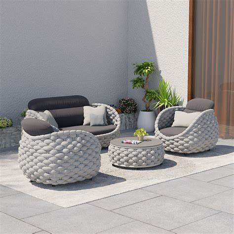 Tatta 4 Pieces Textilene Rope Woven Outdoor Sectional Sofa Set With