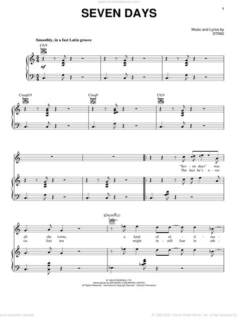 Sting Seven Days Sheet Music For Voice Piano Or Guitar Pdf