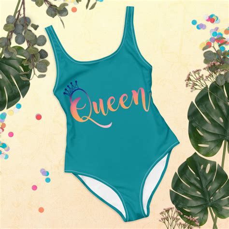 Queen One Piece Swimsuit Aqua With Queen Crown Design Turquoise Retro