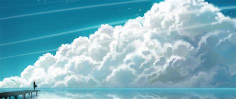 2560x1080 Anime Girl Sea Sky Clouds Landscape Art 4k