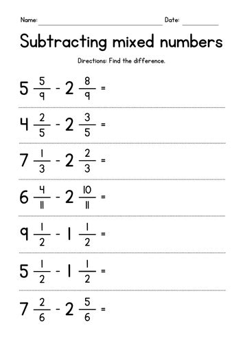 Subtracting Mixed Numbers With Like Denominators Worksheet Vertical
