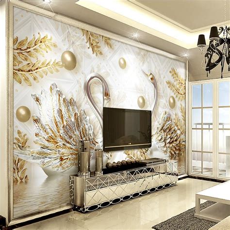 Beibehang Wallpaper Mural Wall Sticker Luxury 3d Swan Gold Leaf