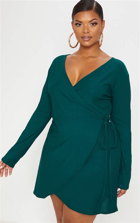 Plus Emerald Green Wrap Tea Dress Plus Size Prettylittlething