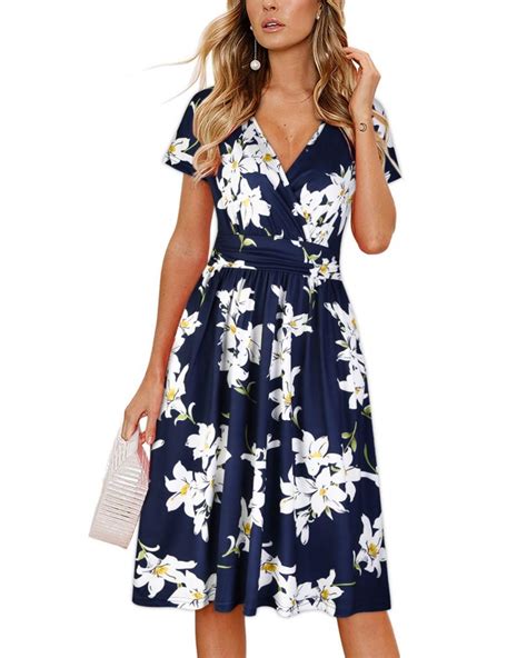 Summer Short Sleeve V Neck Pattern Knee Length Dress With Pockets