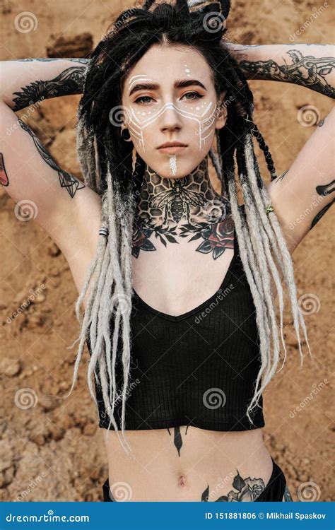 Beautiful Woman In Black Underwear The Body Is Covered With Many Tattoos Dreadlocks On The