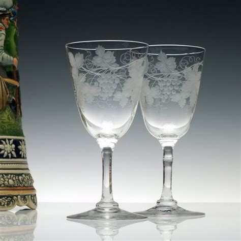 Pair Fruiting Vine Engraved Antique Wine Glasses C1880 Gin Sherry