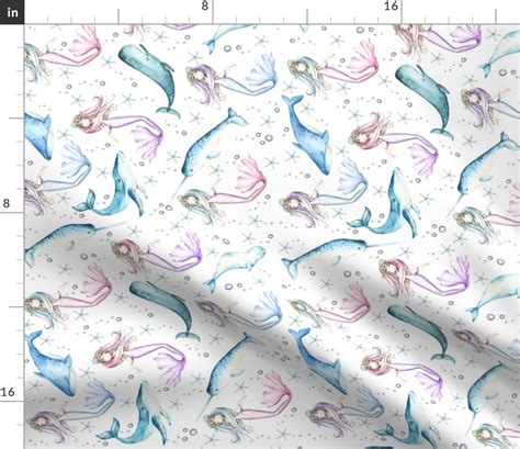 Mermaid And Narwhals Rotate White Fabric Spoonflower