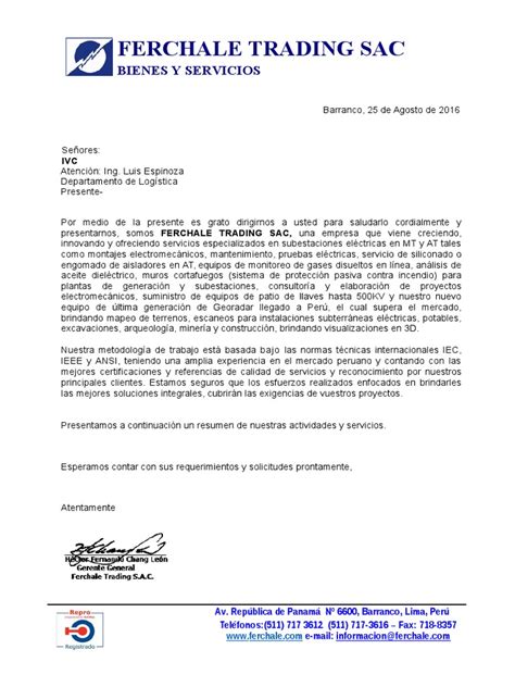 Modelo De Carta De Presentacion De Una Empresa De Ser