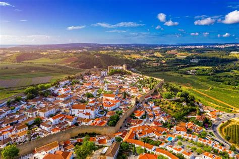 Aerial View Of The Historic Walled Town Of Obidos At Sunset Near Lisbon Portugal Aerial Shot