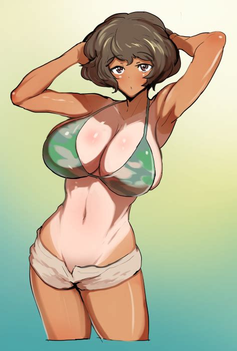 rule 34 akiyama yukari alternate breast size armpits arms behind head bangs bikini bikini