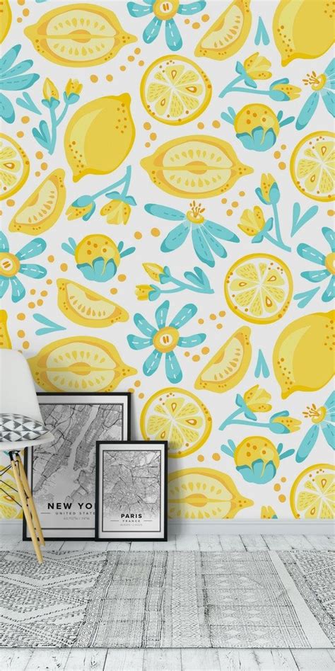 Lemon Pattern White Wallpaper Happywall Turquoise Citrus Tropic