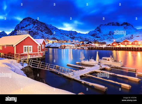 The Fisherman Village Sorvagen On Lofoten Islands By Night Norway