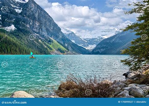 The Beautiful Turquoise Glacial Lake Louise In Banff National Park