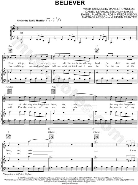 Imagine Dragons Believer Sheet Music In A Minor Transposable