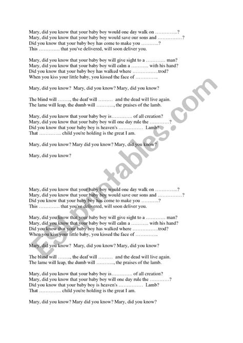 Mary Did You Know Lyrics To Complete Esl Worksheet By Ola