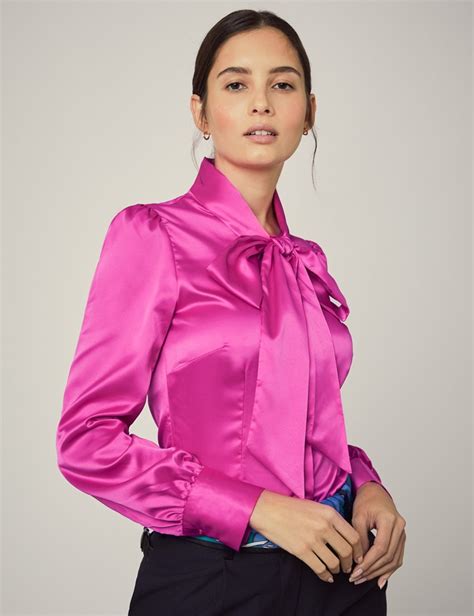 Womens Workwear Shirts Skirts And Trousers Satin Bow Blouse Hot Pink Blouses Hawes And Curtis