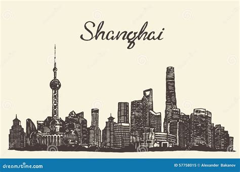 Shanghai Skyline Vector Engraved Drawn Sketch Stock Vector