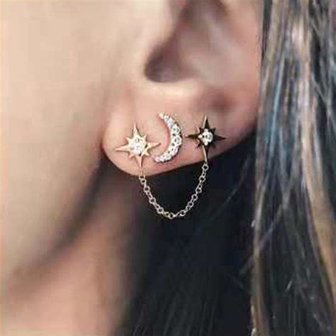 Women 2pcsset Rhinestone Moon Star Chain Stud Earrings 3 Ear Holes