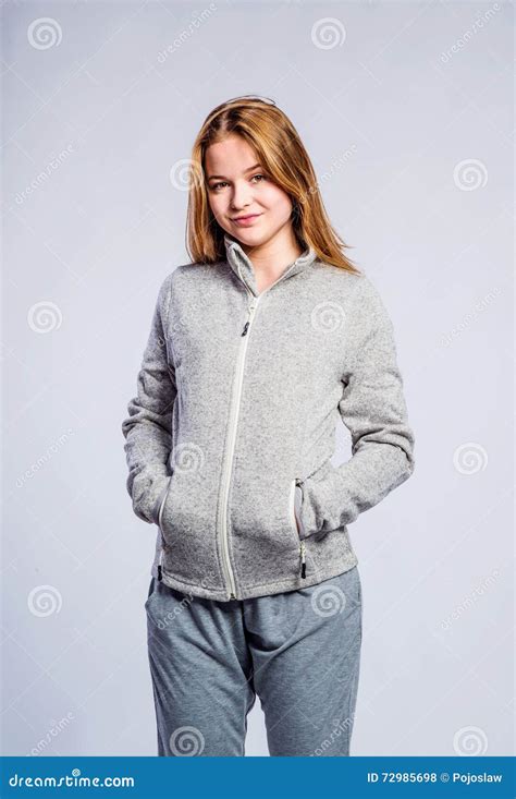 Girl Gray Hooded Sweatshirt Young Woman Studio Shot Stock Photo