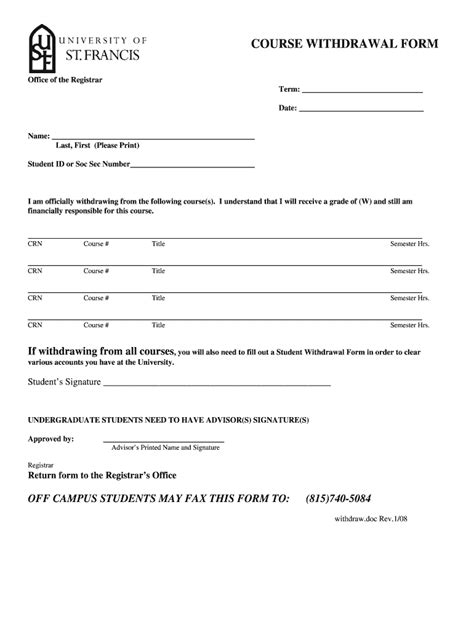 University Withdrawal Stfran Blank Fill Online Printable Fillable