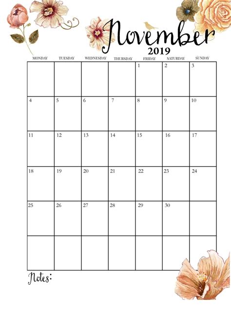 Floral November 2019 Calendar