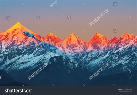 Scene Of Sunset On Mountain Peaks Panchachuli In Indian Himalaya