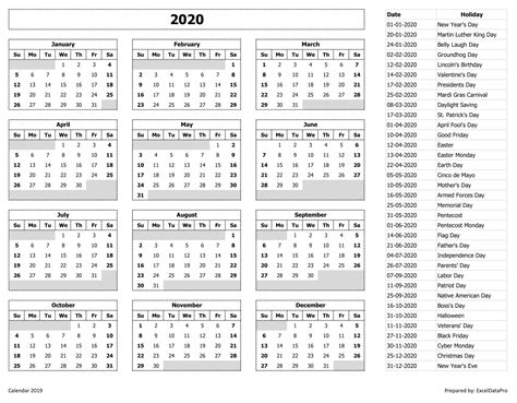 2020 Calendar Excel Templates Printable Pdfs And Images
