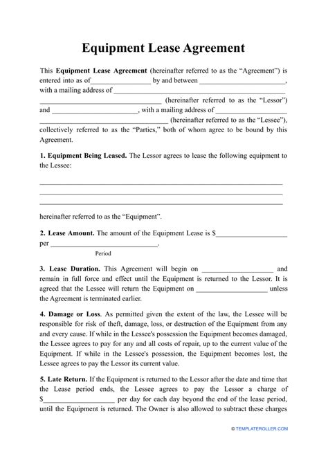 Equipment Operating Lease Agreement Template