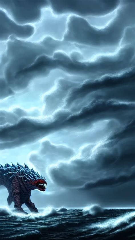 A Massive Kaiju Monster Emerging From A Stormy Ocean Stable